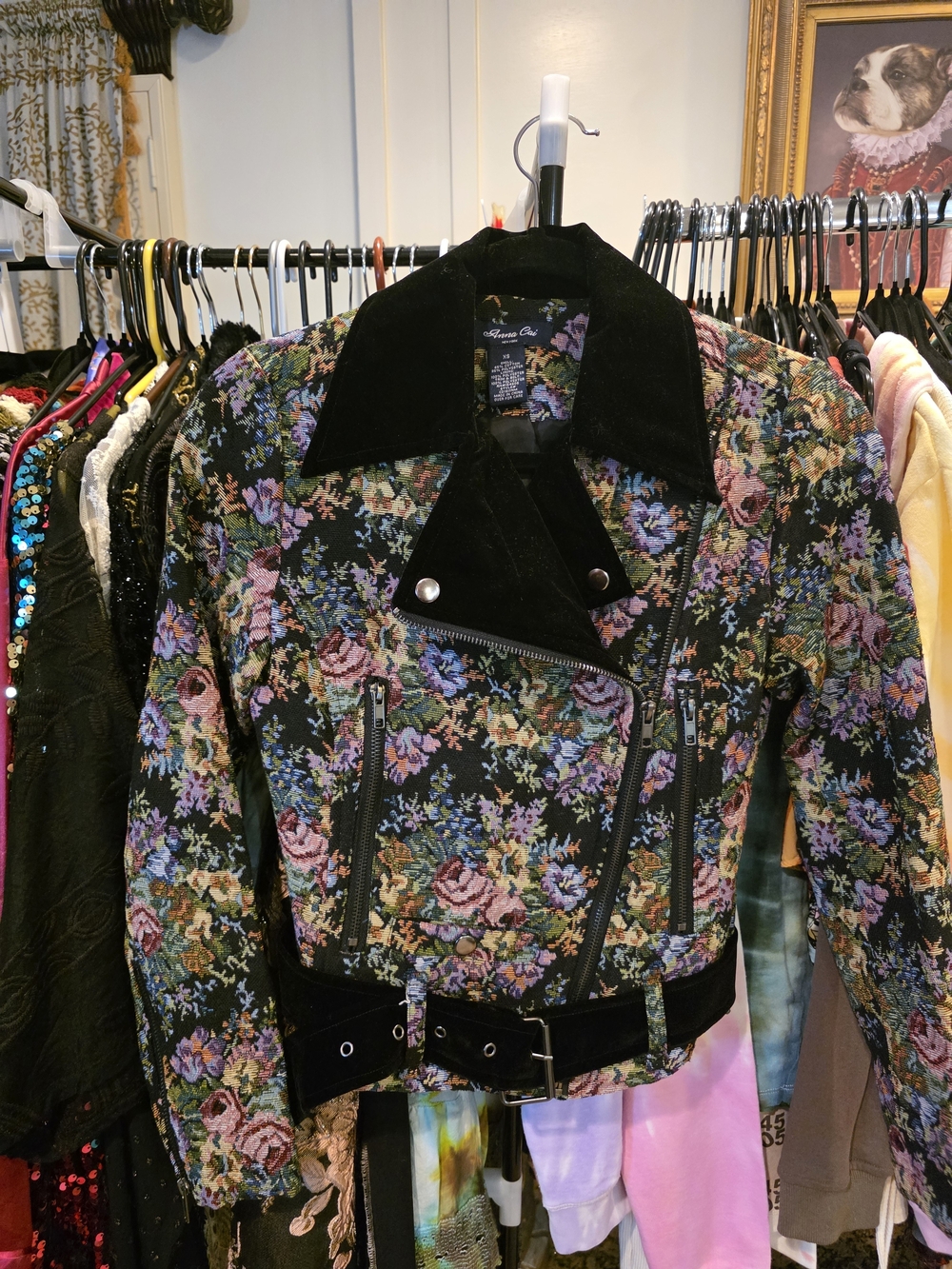 Biker Floral Tapestry Moto Jacket with Velvet Collar - Black/Multi